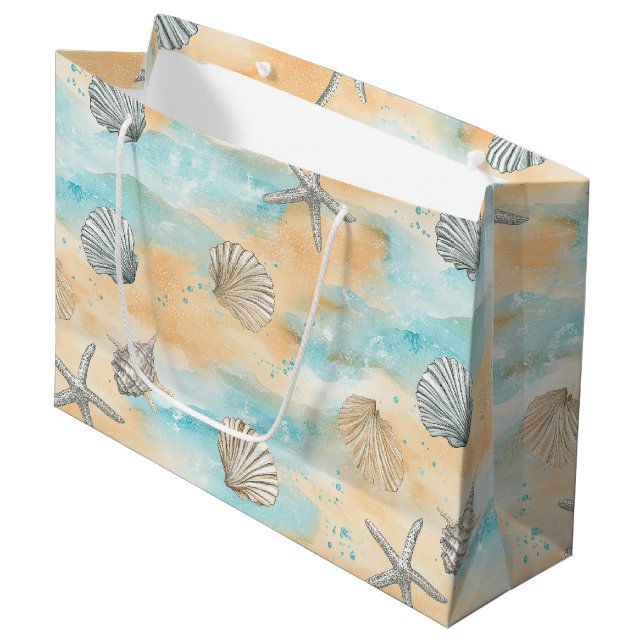 Aqua Beach Vacation Seashell Pattern Large Gift Bag (Front Angled)