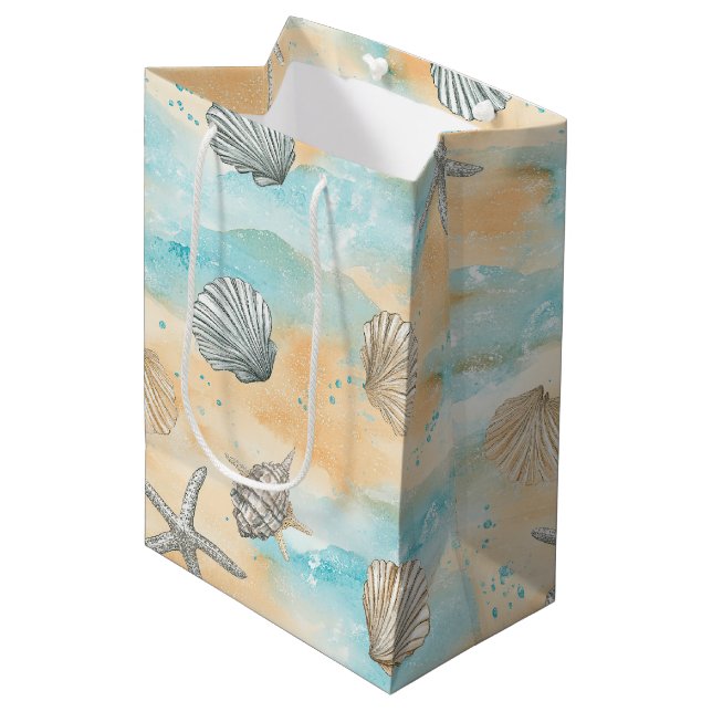 Aqua Beach Vacation Seashell Pattern Medium Gift Bag (Front Angled)
