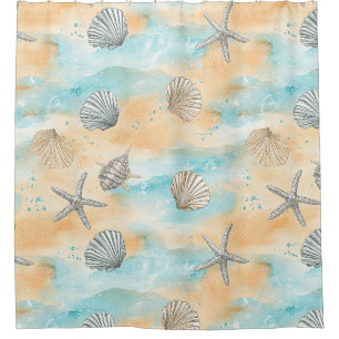 Aqua Beach Vacation Seashell Pattern Shower Curtain