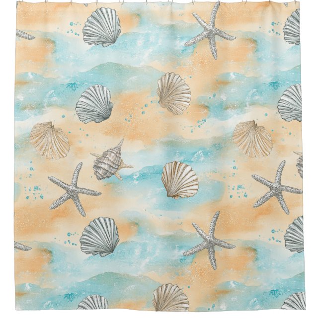 Aqua Beach Vacation Seashell Pattern Shower Curtain (Front)