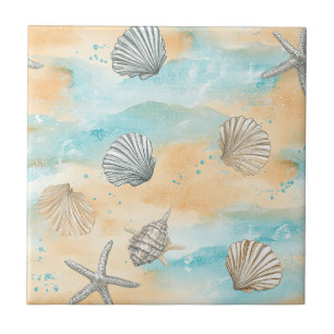 Aqua Beach Vacation Seashell Pattern Tile