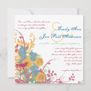 Aqua Beeswax Raspberry Wild Flower Bird Wedding Invitation