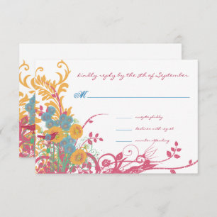 Aqua Beeswax Raspberry Wild Flower Bird Wedding Invitation