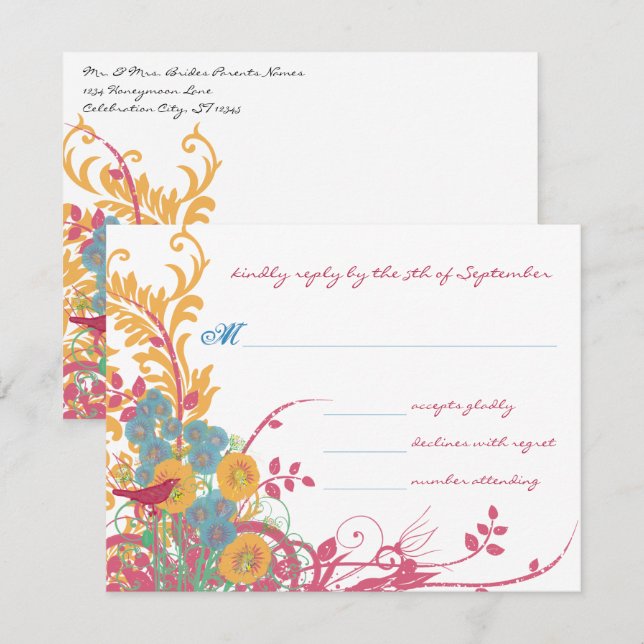 Aqua Beeswax Raspberry Wild Flower Bird Wedding Invitation (Front/Back)