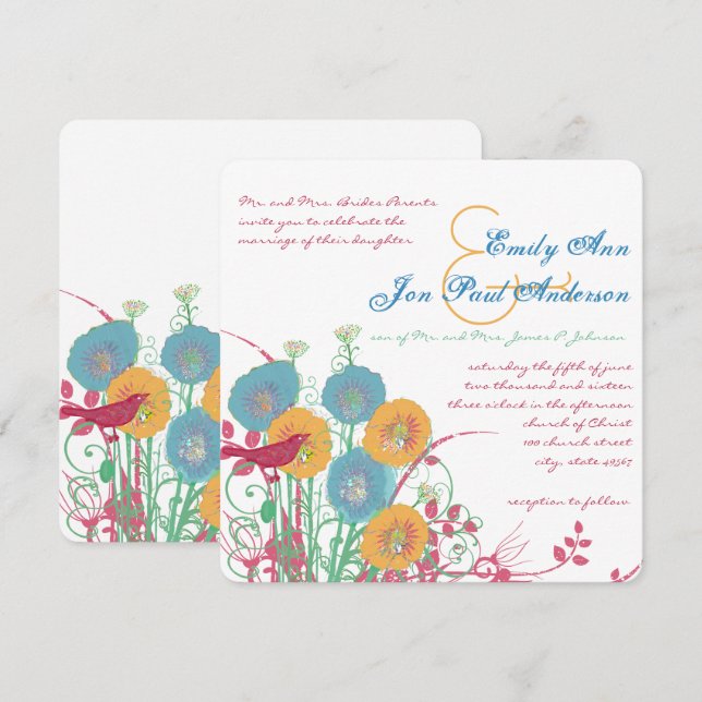 Aqua Beeswax Raspberry Wild Flower Bird Wedding Invitation (Front/Back)