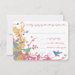 Aqua Beeswax Raspberry Wild Flower Bird Wedding RSVP Card