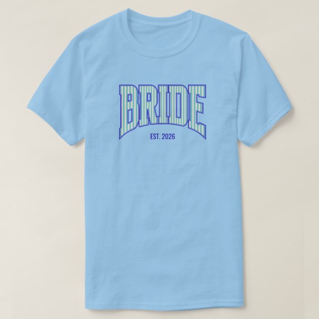 Aqua + Beige Stripe Navy Varsity BRIDE T-Shirt (Design Front)