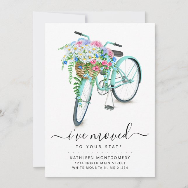 Aqua Bicycle Daisy Floral Basket Moving Announcement (Front)