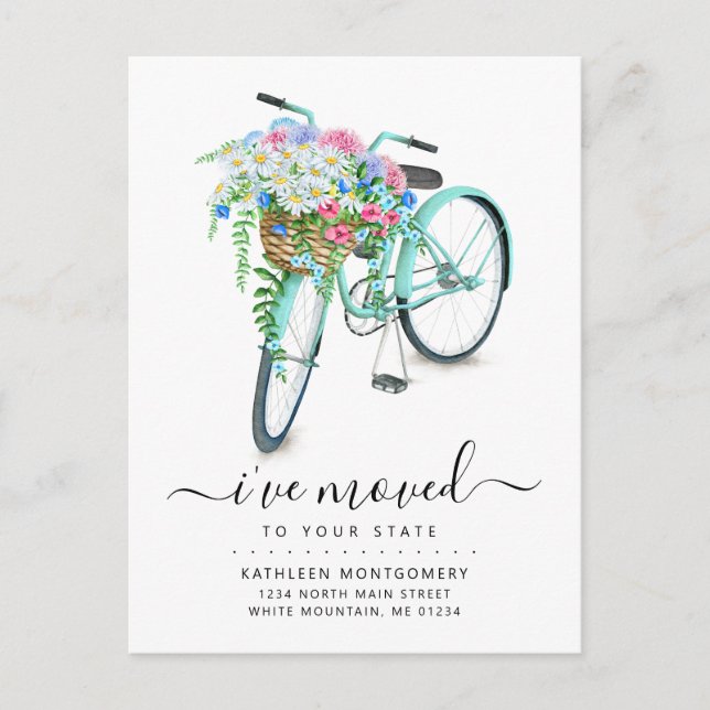 Aqua Bicycle Daisy Floral Basket Moving Announcement Postcard (Front)