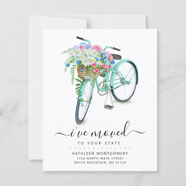Aqua Bicycle Floral Basket Budget Moving Card  (Front)