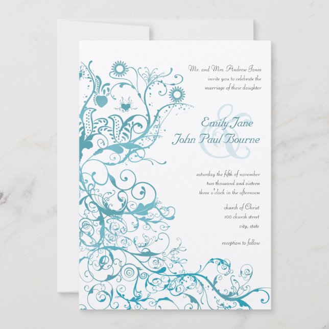 Aqua Birds Swirls Wedding Invites (Front)