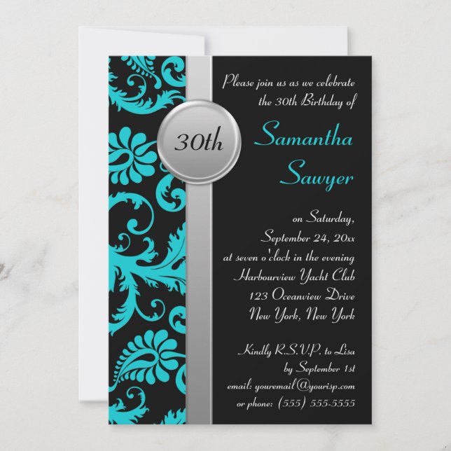 Aqua, Black, and Silver 30th Birthday Invitation (Front)