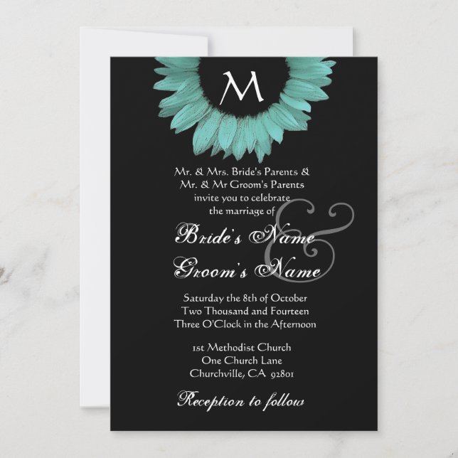 Aqua Black and White Sunflower Wedding Invitation (Front)