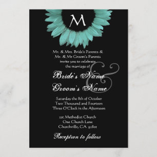 Aqua Black and White Sunflower Wedding Invitation