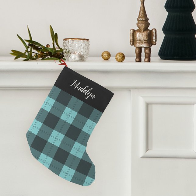 Aqua & Black Buffalo Plaid Personalised Small Christmas Stocking (Creator Uploaded)