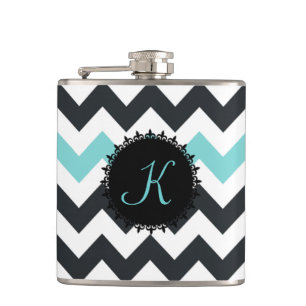 Aqua Black Chevron Monogram Flask