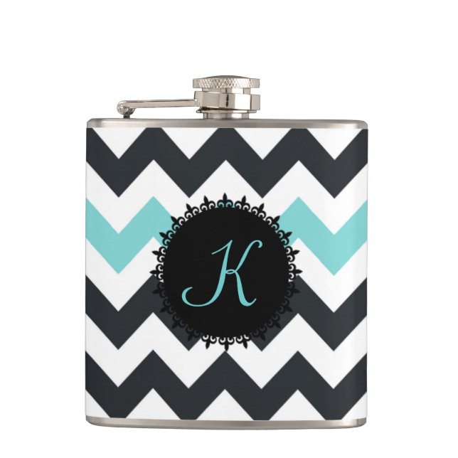 Aqua Black Chevron Monogram Flask (Front)