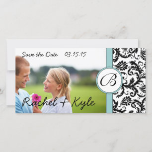 Aqua & Black Damask Save the Date Your Photo