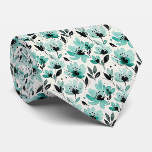 Aqua + Black Faux Silk Tie Watercolor Floral