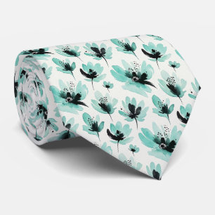 Aqua + Black Faux Silk Tie Watercolor Floral