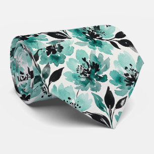 Aqua + Black Faux Silk Tie Watercolor Floral