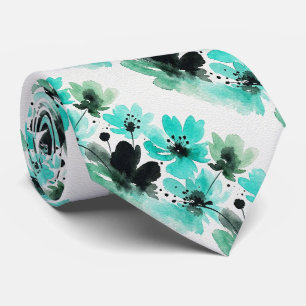 Aqua + Black Faux Silk Tie Watercolor Floral
