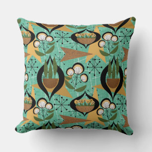 Aqua, Black, Gold Atomic Plants Mid-Century Cushion
