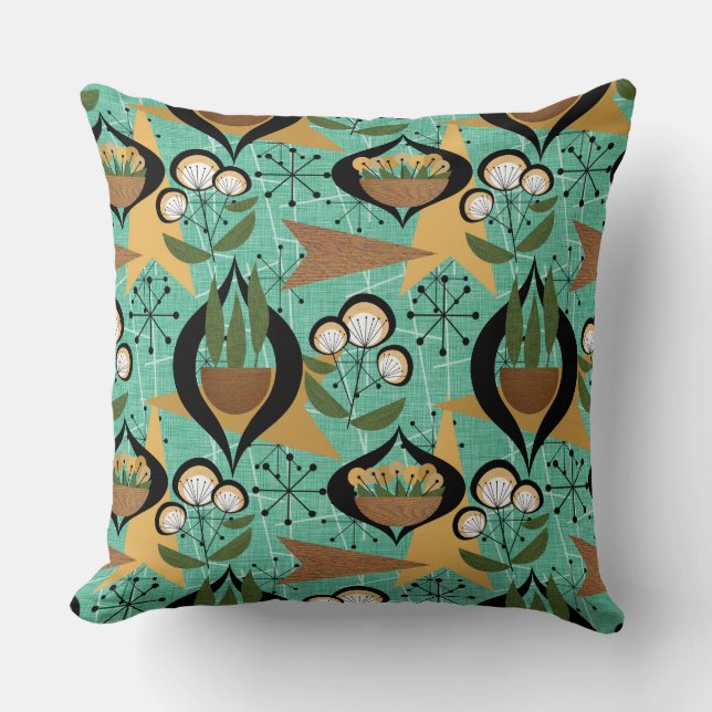 Aqua, Black, Gold Atomic Plants | Mid-Century Cushion (Front)