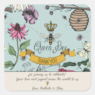 Aqua, Black & Gold Queen Bee and Crown Thank You Square Sticker