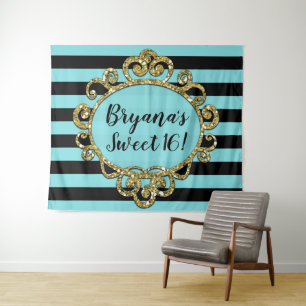 Aqua Black Gold Striped Birthday Party Backdrop Tapestry