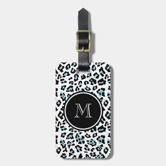 Aqua Black Leopard Animal Print with Monogram Luggage Tag (Front Vertical)