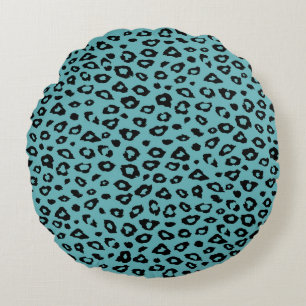 Aqua Black Leopard Print Round Cushion