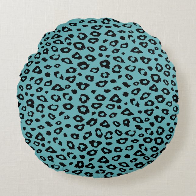 Aqua Black Leopard Print Round Cushion (Front)