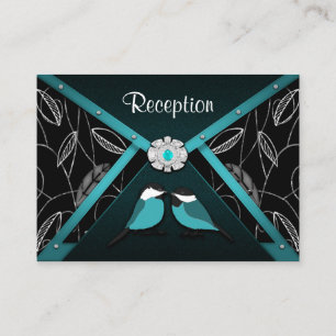 Aqua & Black Love Birds Wedding Reception Cards