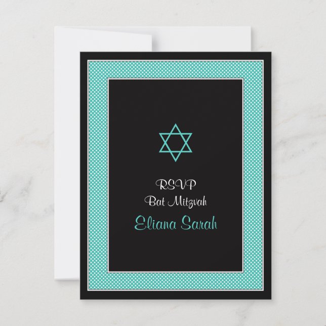 Aqua Black Mini Polka Dots Bat Mitzvah RSVP Card (Front)