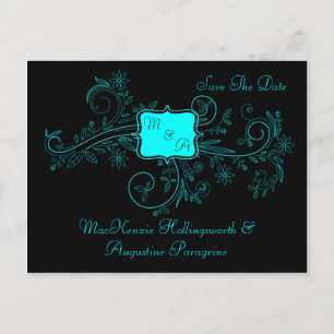 Aqua Black Monogram Floral Swirls Save The Date Announcement Postcard