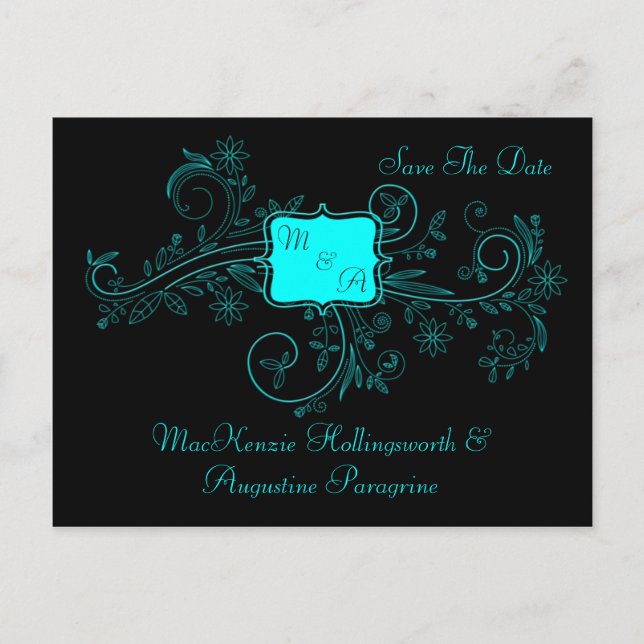 Aqua Black Monogram Floral Swirls Save The Date Announcement Postcard (Front)