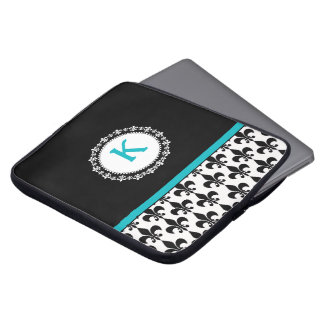 Aqua Black Monogrammed Fleur de Lis Laptop Sleeve