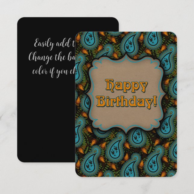 Aqua Black Paisley Birthday Elegance (Front/Back)