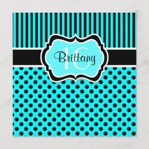 Aqua, Black Polka Dot Sixteenth Birthday Invite