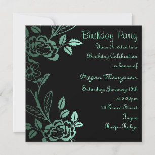 Aqua & Black Rose Leaf Birthday Invitation