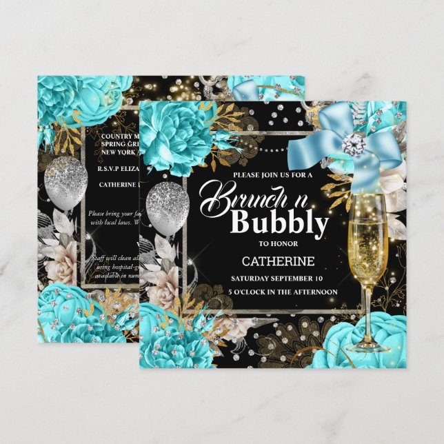 Aqua black rose shabby chic bubbly glitter   invitation (Front/Back)