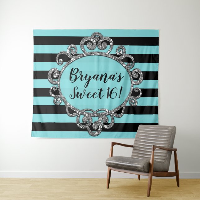 Aqua Black Silver Striped Birthday Party Backdrop Tapestry (In Situ (Horizontal))