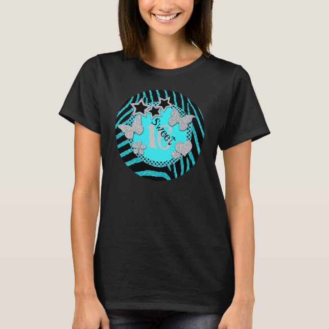 Aqua Black Silver Zebra Glitter Sweet 16 T-Shirt (Front)