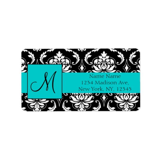 Aqua Black White Damask Return Address Labels