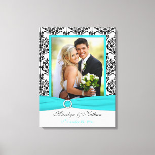 Aqua, Black, White Damask Wedding Canvas