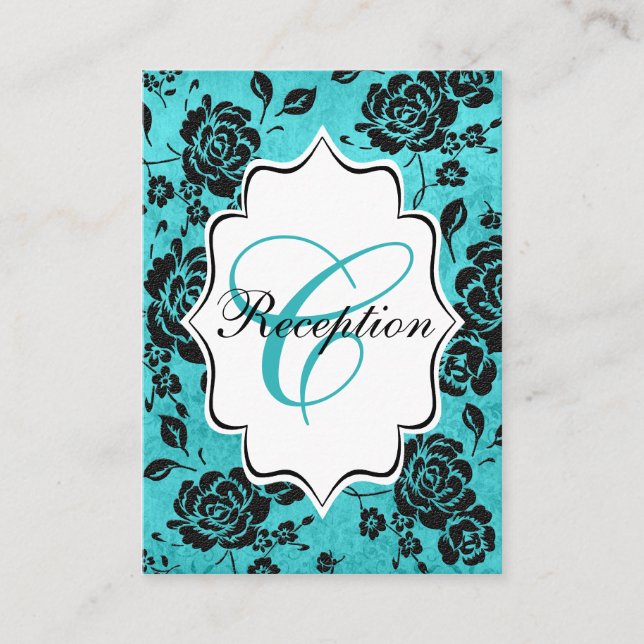 Aqua Black White Floral Damask Enclosure Card (Front)