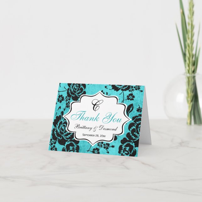 Aqua Black White Floral Damask Thank You Card (Front)