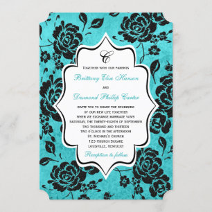 Aqua Black White Floral Damask Wedding Invitation
