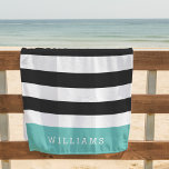 Aqua | Black & White Stripe Personalised Beach Towel<br><div class="desc">Preppy chic personalised beach towel in black and aqua features classic wide black and white stripes,  with your name or choice of personalisation along the bottom in bold white lettering on a band of summery turquoise teal.</div>
